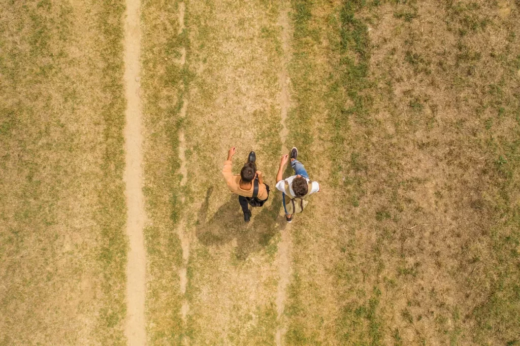 aerial view male couple walking in field