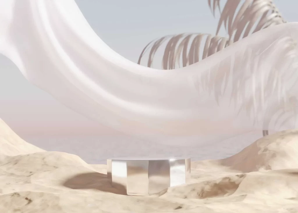 glass pedestal in white sandy backdrop