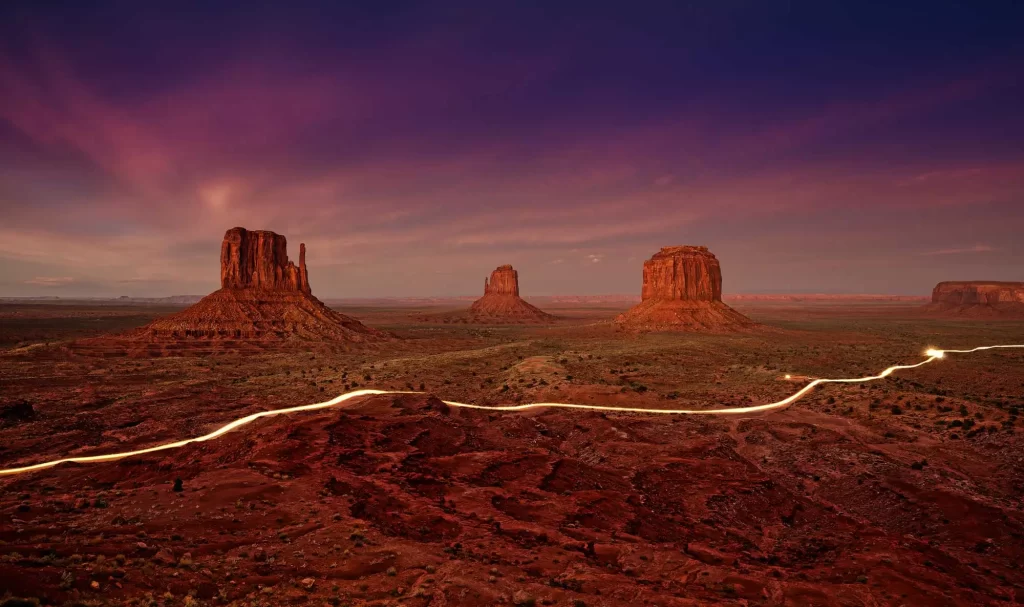 light trail in monument valley