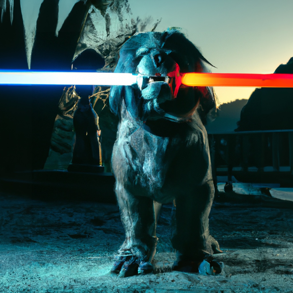 Big,Scary,Dog,Holding,Shinning,Lightsaber,Sword,With,Mouth,,Backlit,
