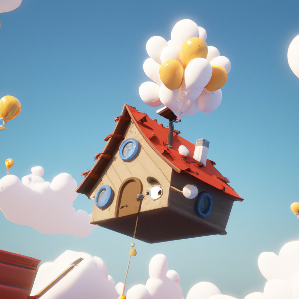 Animated,Character,3d,Image,Of,Big,House,Flying,In,The