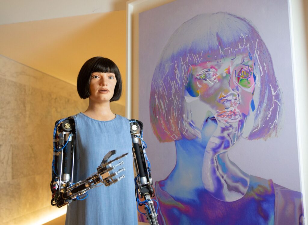 Ai Da the Robotic artist open Exhibition., Kensington, London, UK 18 May 2021