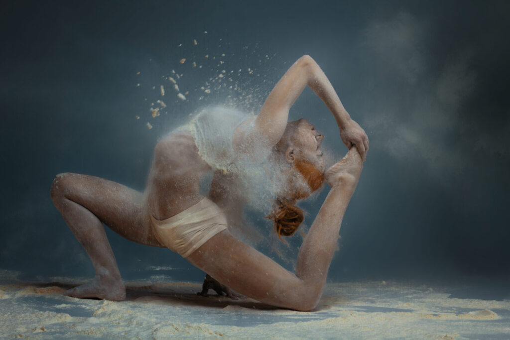 Dancing,In,Flour,Concept.,Redhead,Beauty,Gymnast,Female,Girl,Adult