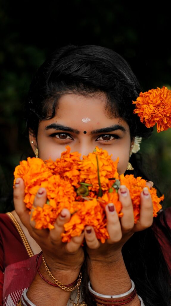 Kerala,Traditional,Girl,With,Flowers.,Onam,Celebration.,Beautiful,Eyes.,Creative